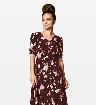 Dusty Floral Print Dress (XS, Maroon)